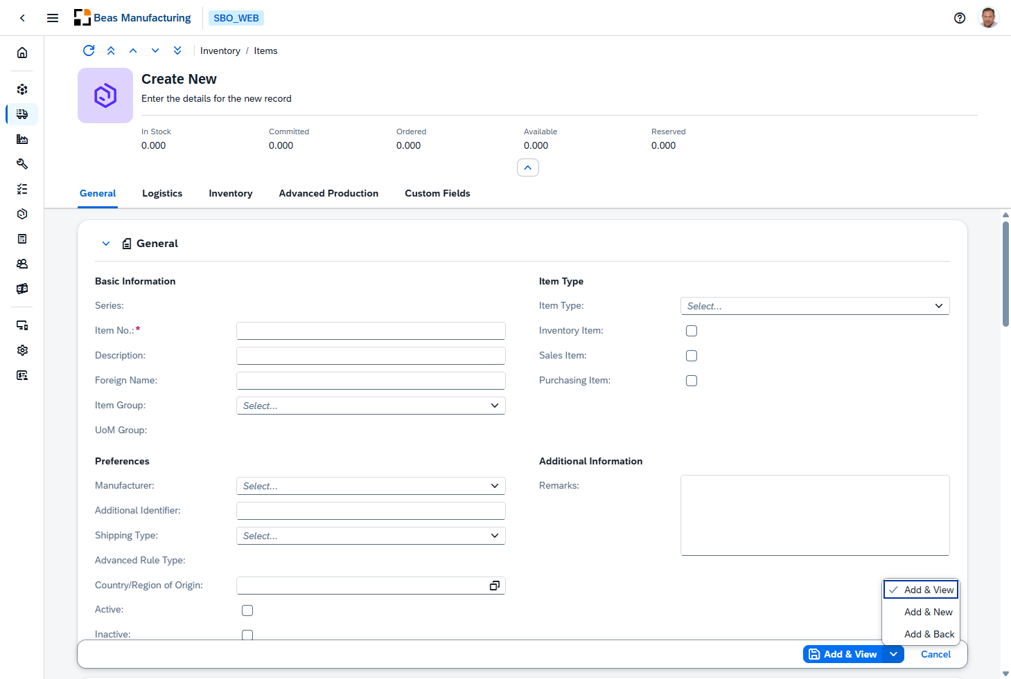 The create footer's split button, with Add & View, Add & New and Add & Back