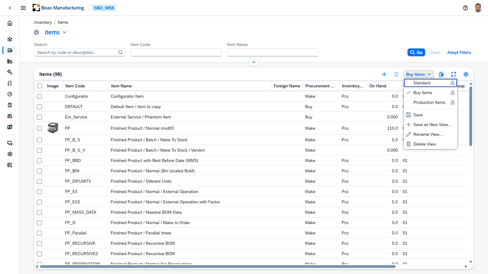 The column template menu in the grid toolbar