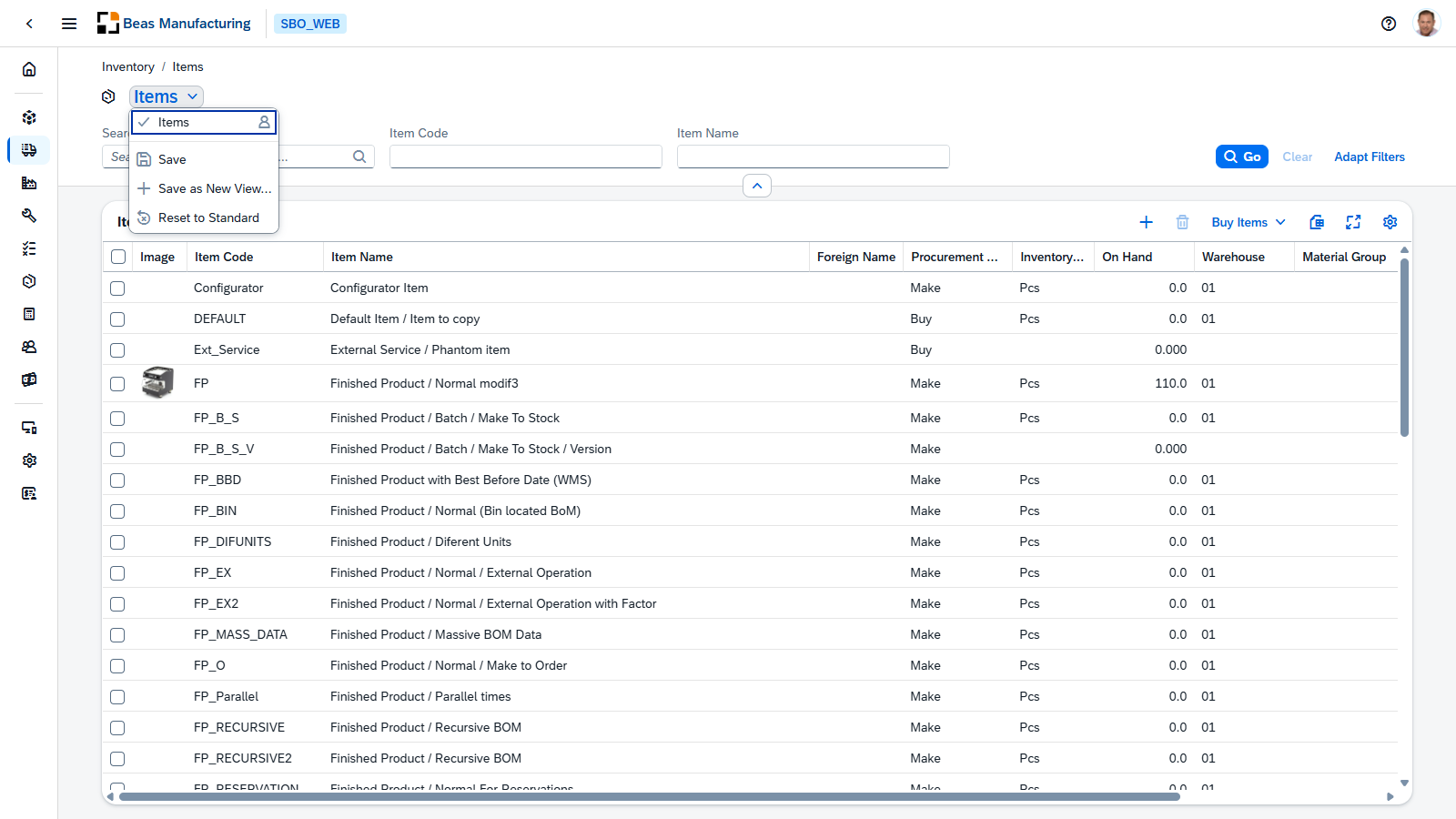 The filter view menu, opened from the screen title
