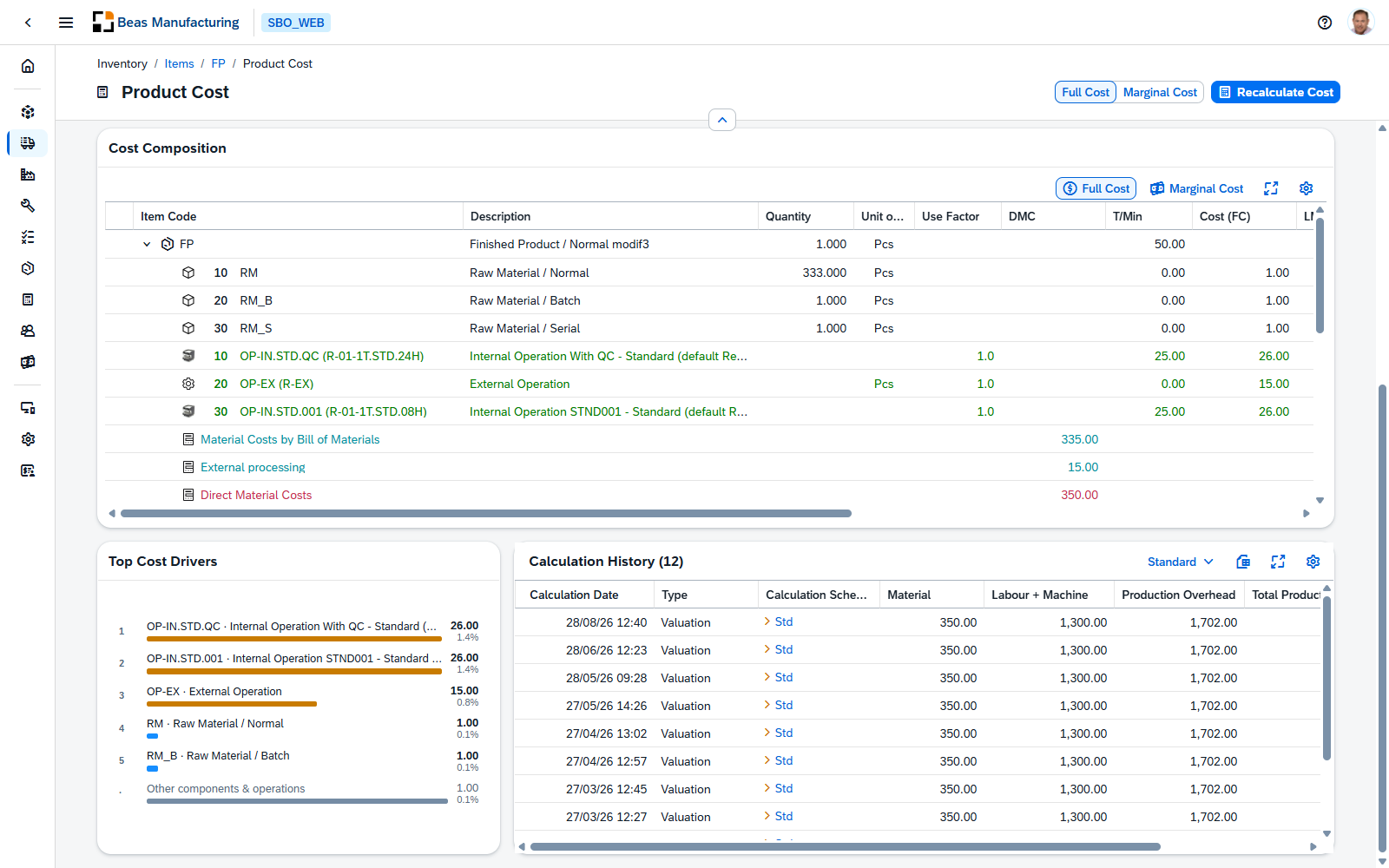Top cost drivers and calculation history