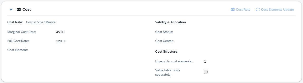 The Cost tab: the cost rate group, Validity & Allocation and Cost Structure