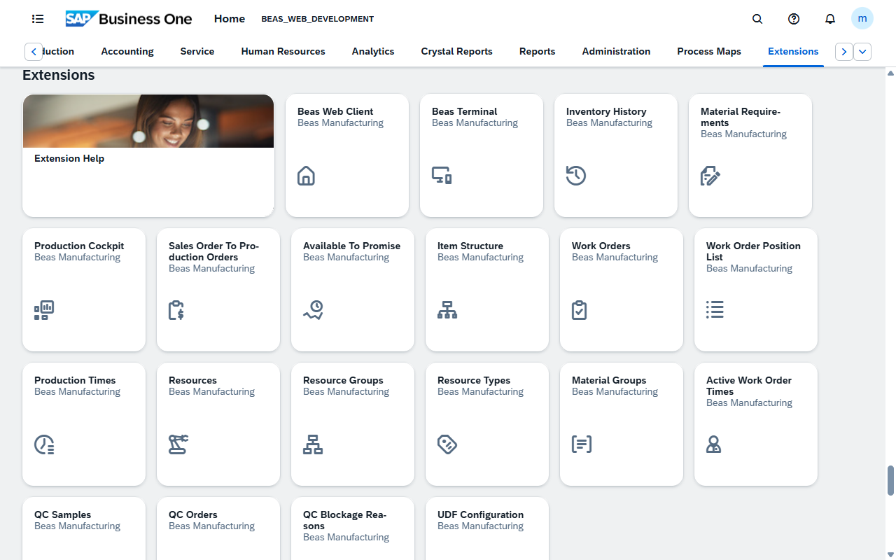 The Beas tiles in the Extensions group of the SAP Business One Web Client home page