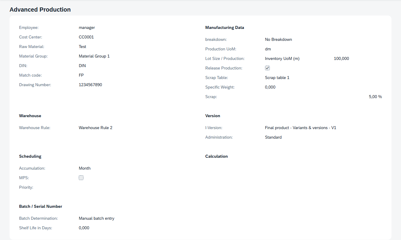 Advanced Production tab on the SAP Item Master Data screen