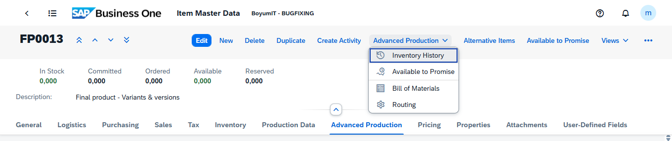 Advanced Production button and the Reserved figure on the item header