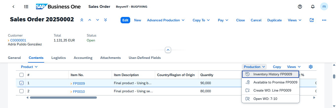 Production menu on a sales order line