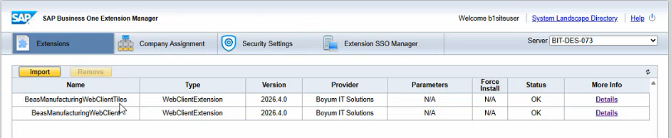 Beas extensions installed in the SAP Extension Manager