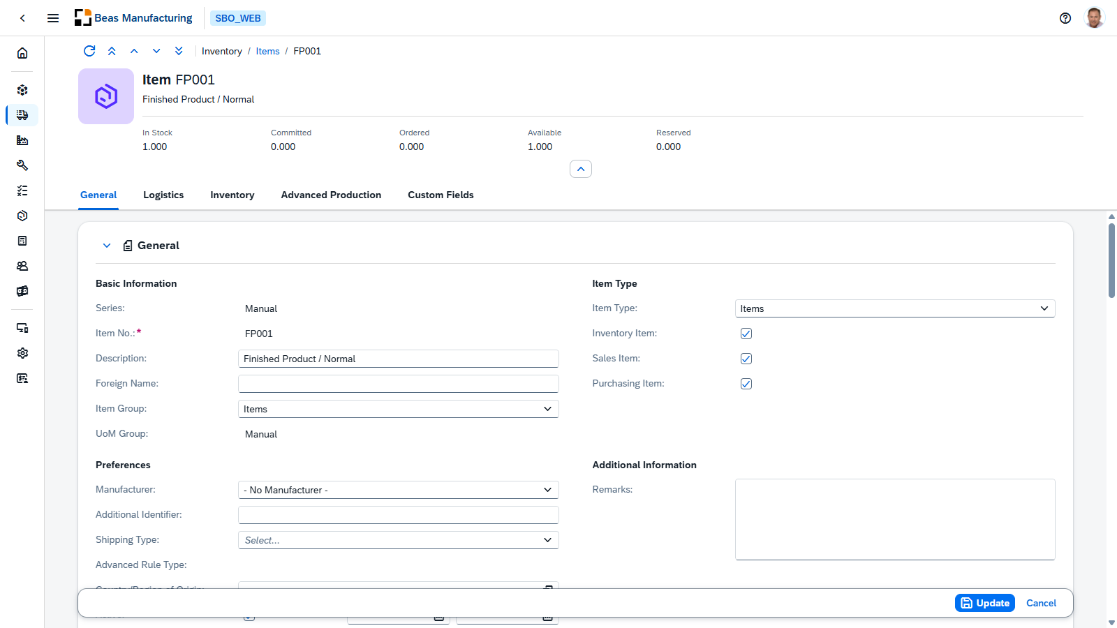 A detail page in edit mode, with the Update and Cancel buttons in the footer