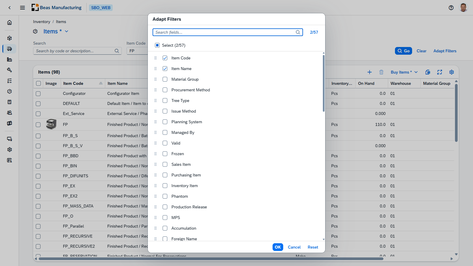 The Adapt Filters dialog